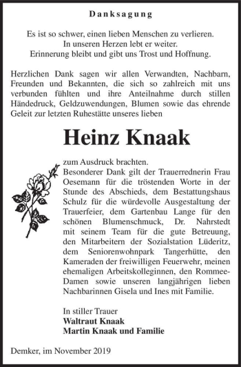 Traueranzeige von Heinz Knaak  von Magdeburger Volksstimme
