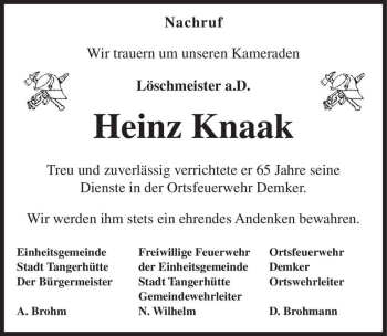 Traueranzeige von Heinz Knaak  von Magdeburger Volksstimme