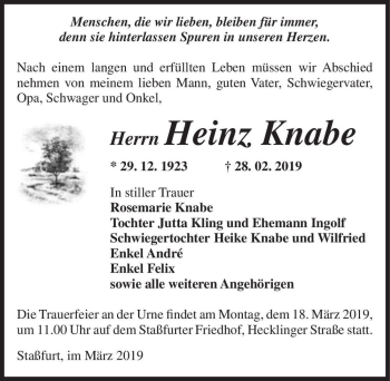 Traueranzeige von Heinz Knabe  von Magdeburger Volksstimme