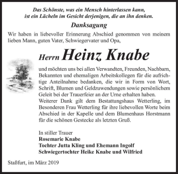 Traueranzeige von Heinz Knabe  von Magdeburger Volksstimme