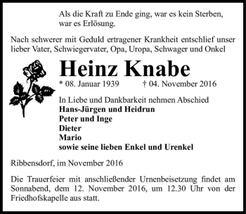 Traueranzeige von Heinz Knabe  von Magdeburger Volksstimme