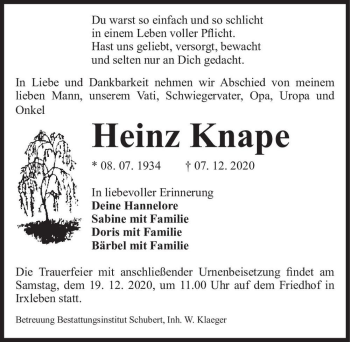 Traueranzeige von Heinz Knape  von Magdeburger Volksstimme