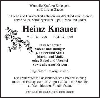 Traueranzeige von Heinz Knauer  von Magdeburger Volksstimme