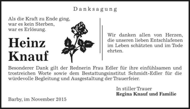  Traueranzeige für Heinz Knauf  vom 28.11.2015 aus Magdeburger Volksstimme