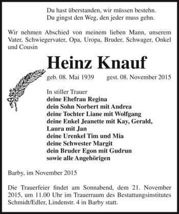 Traueranzeige von Heinz Knauf  von Magdeburger Volksstimme