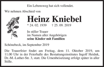 Traueranzeige von Heinz Kniebel  von Magdeburger Volksstimme