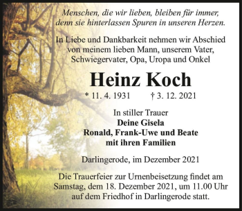 Traueranzeige von Heinz Koch  von Magdeburger Volksstimme
