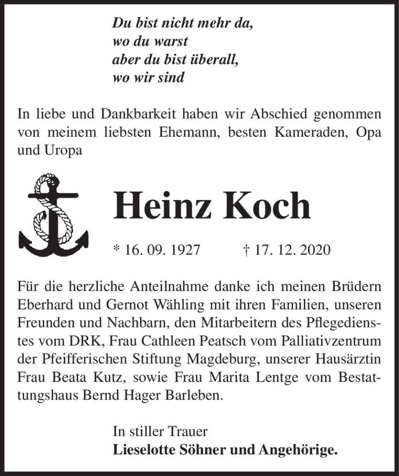  Traueranzeige für Heinz Koch  vom 09.01.2021 aus Magdeburger Volksstimme