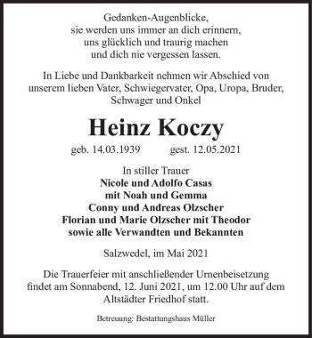 Traueranzeige von Heinz Koczy  von Magdeburger Volksstimme