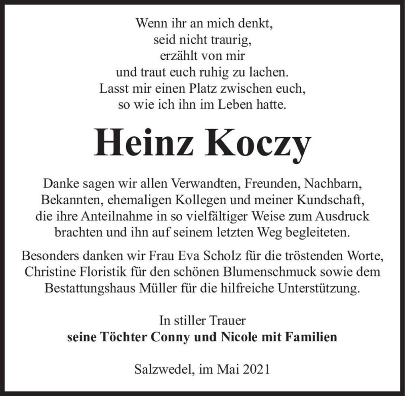  Traueranzeige für Heinz Koczy  vom 18.06.2021 aus Magdeburger Volksstimme