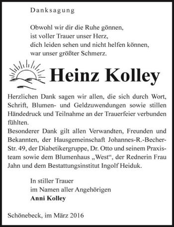 Traueranzeige von Heinz Kolley  von Magdeburger Volksstimme