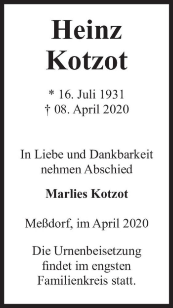 Traueranzeige von Heinz Kotzot  von Magdeburger Volksstimme