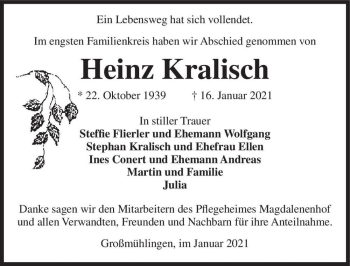 Traueranzeige von Heinz Kralisch  von Magdeburger Volksstimme