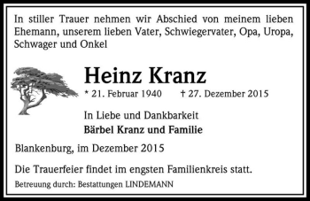 Traueranzeige von Heinz Kranz  von Magdeburger Volksstimme