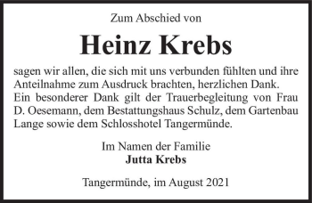 Traueranzeige von Heinz Krebs  von Magdeburger Volksstimme