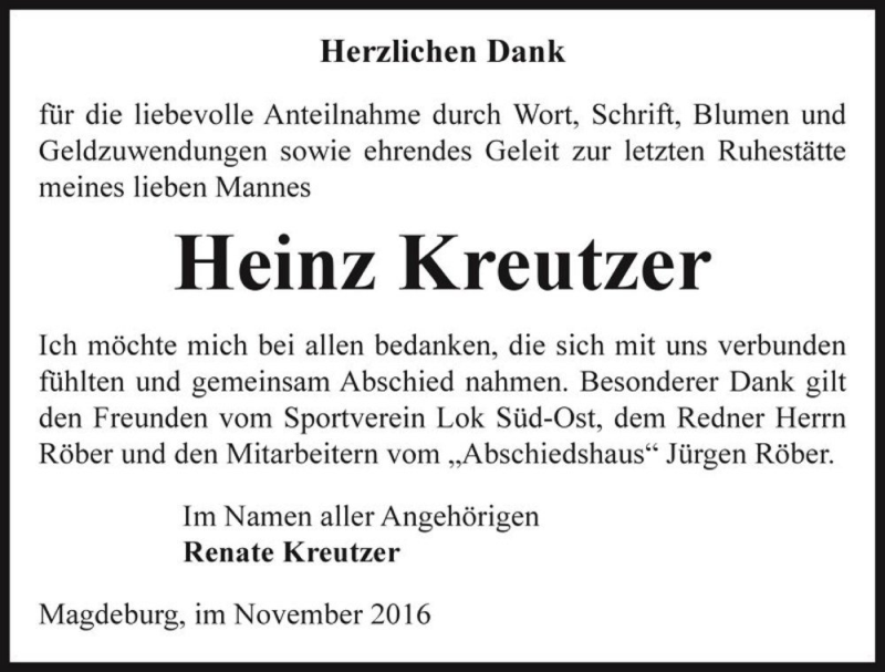 Traueranzeige für Heinz Kreutzer  vom 03.12.2016 aus Magdeburger Volksstimme