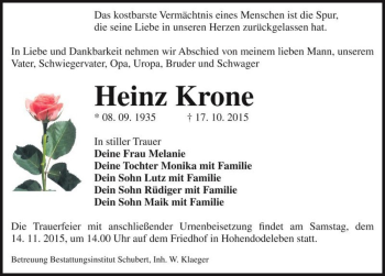 Traueranzeige von Heinz Krone  von Magdeburger Volksstimme