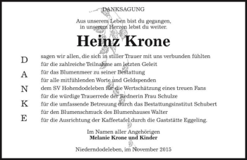 Traueranzeige von Heinz Krone  von Magdeburger Volksstimme