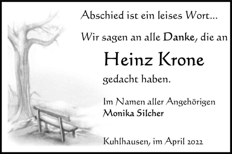  Traueranzeige für Heinz Krone  vom 16.04.2022 aus Magdeburger Volksstimme