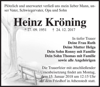 Traueranzeige von Heinz Kröning  von Magdeburger Volksstimme