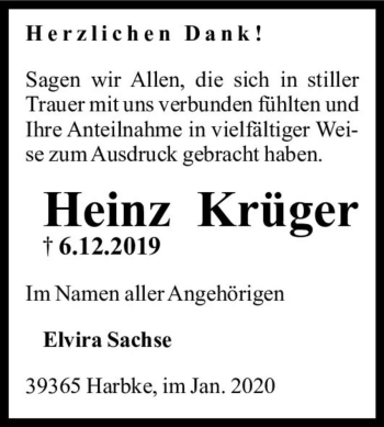 Traueranzeige von Heinz Krüger  von Magdeburger Volksstimme