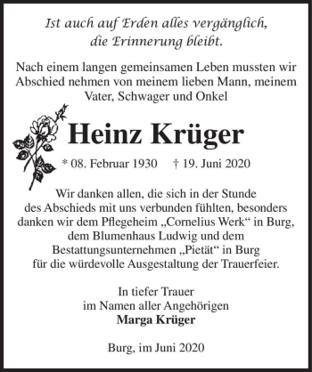 Traueranzeige von Heinz Krüger  von Magdeburger Volksstimme