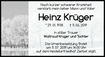 Traueranzeige von Heinz Krüger  von Magdeburger Volksstimme