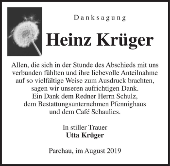 Traueranzeige von Heinz Krüger  von Magdeburger Volksstimme
