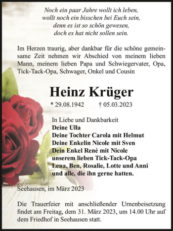 Traueranzeige von Heinz Krüger  von Magdeburger Volksstimme