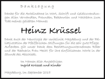 Traueranzeige von Heinz Krüssel  von Magdeburger Volksstimme
