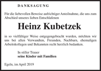 Traueranzeige von Heinz Kubetzek  von Magdeburger Volksstimme