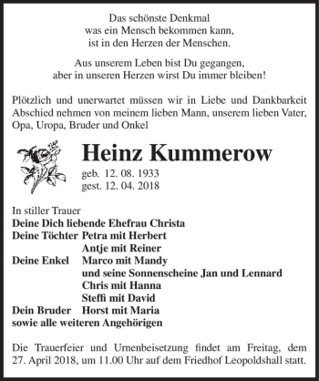 Traueranzeige von Heinz Kummerow  von Magdeburger Volksstimme