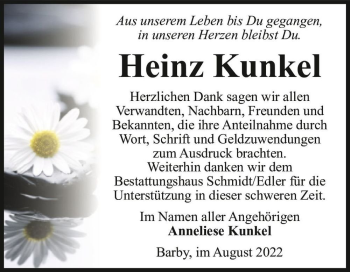 Traueranzeige von Heinz Kunkel  von Magdeburger Volksstimme