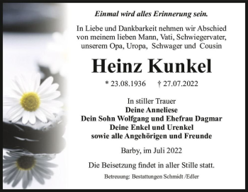Traueranzeige von Heinz Kunkel  von Magdeburger Volksstimme