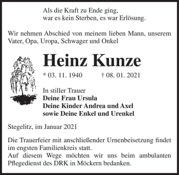 Traueranzeige von Heinz Kunze  von Magdeburger Volksstimme