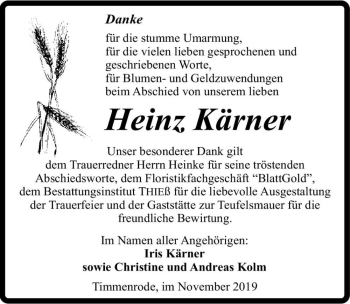 Traueranzeige von Heinz Kärner  von Magdeburger Volksstimme