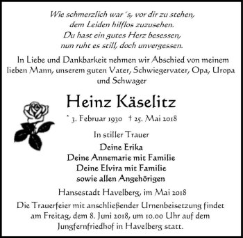 Traueranzeige von Heinz Käselitz  von Magdeburger Volksstimme