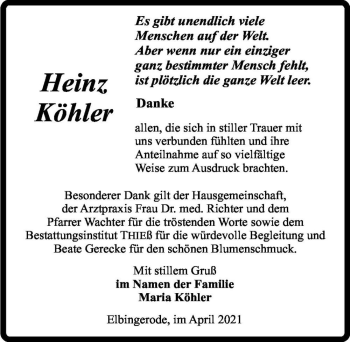 Traueranzeige von Heinz Köhler  von Magdeburger Volksstimme