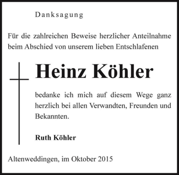 Traueranzeige von Heinz Köhler  von Magdeburger Volksstimme