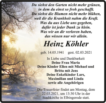 Traueranzeige von Heinz Köhler  von Magdeburger Volksstimme