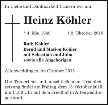 Traueranzeige von Heinz Köhler  von Magdeburger Volksstimme