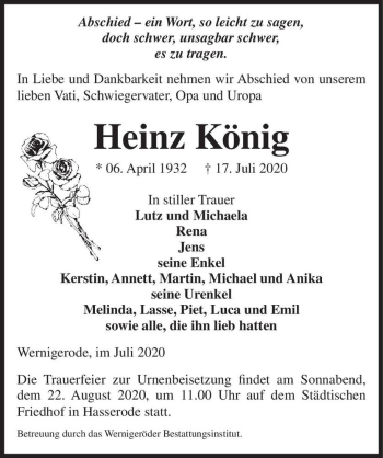 Traueranzeige von Heinz König  von Magdeburger Volksstimme