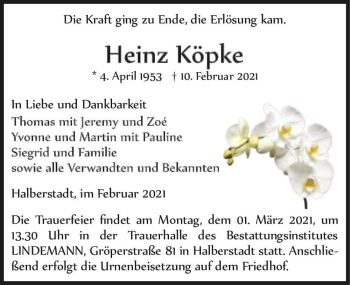 Traueranzeige von Heinz Köpke  von Magdeburger Volksstimme