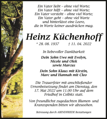 Traueranzeige von Heinz Küchenhoff  von Magdeburger Volksstimme