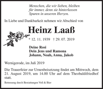 Traueranzeige von Heinz Laaß  von Magdeburger Volksstimme