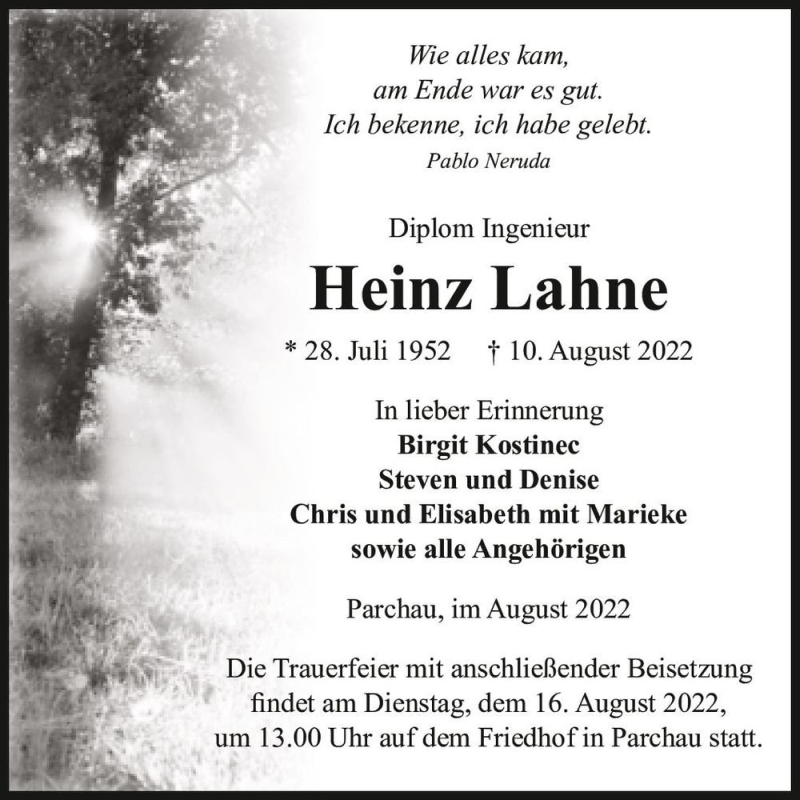  Traueranzeige für Heinz Lahne  vom 13.08.2022 aus Magdeburger Volksstimme