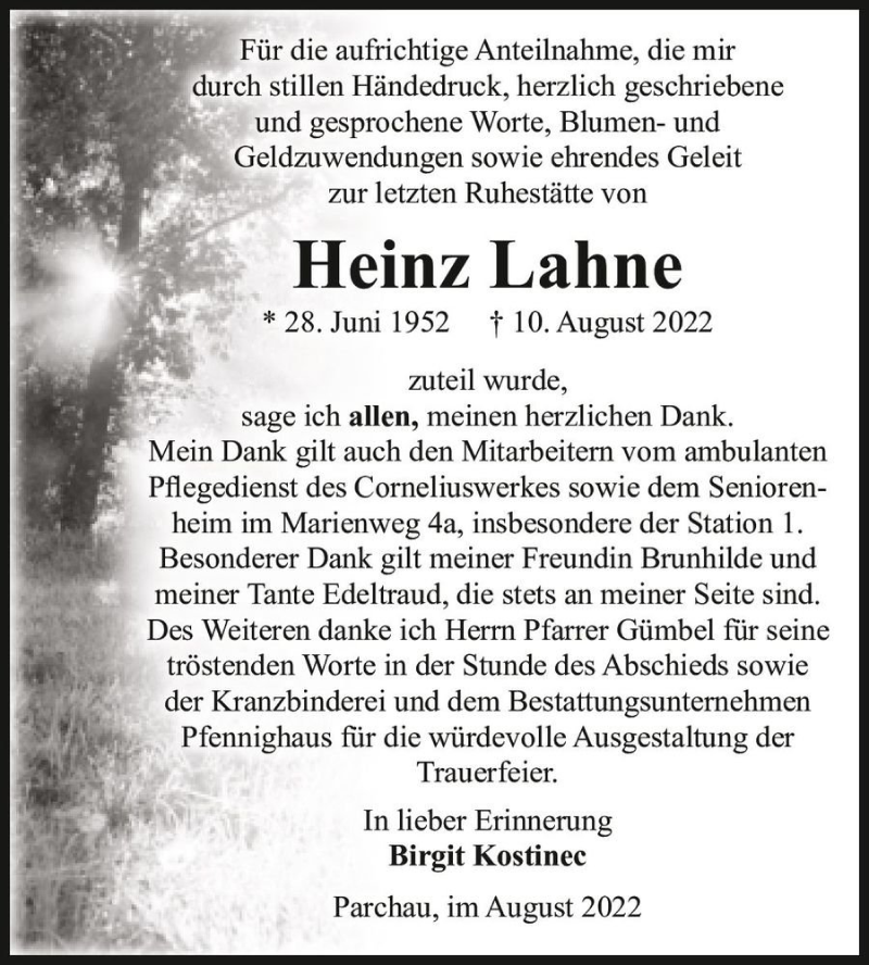  Traueranzeige für Heinz Lahne  vom 27.08.2022 aus Magdeburger Volksstimme