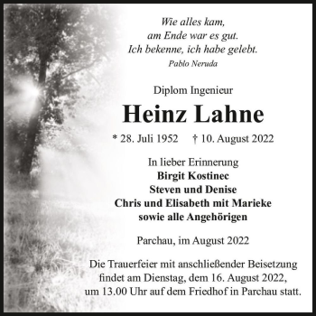 Traueranzeige von Heinz Lahne  von Magdeburger Volksstimme