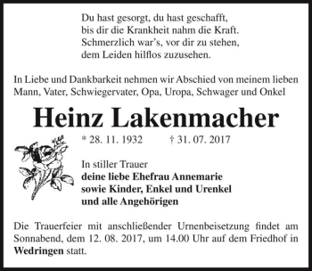 Traueranzeige von Heinz Lakenmacher  von Magdeburger Volksstimme