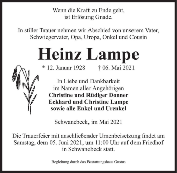 Traueranzeige von Heinz Lampe  von Magdeburger Volksstimme